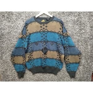 Vintage Barnaby Sweater Adult Large Tall Man LT Blue GEo Striped Leather Trim‎
